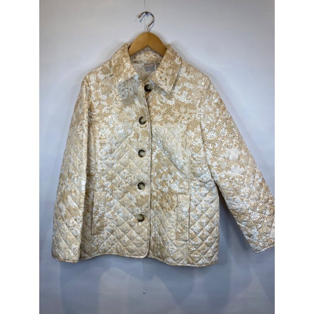 Chico's Tan Beige Floral Quilted Jacket Collared Button Up Size 2 US Large 12 14